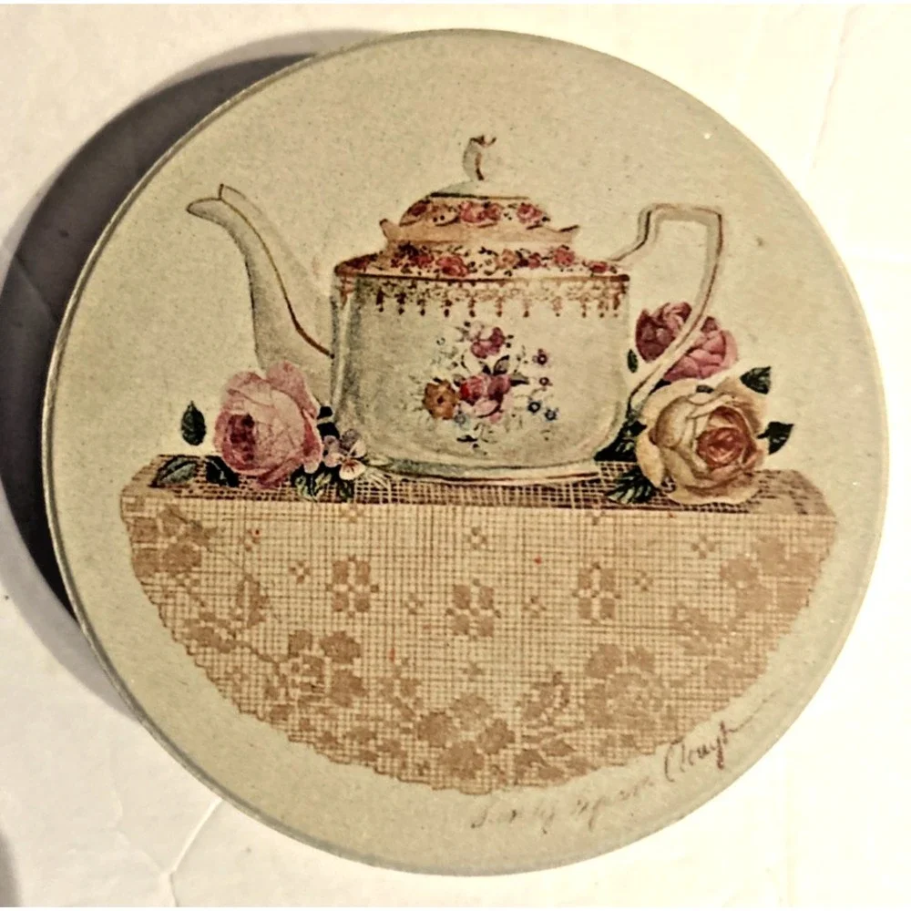 Coaster Stone Set of 4 Round Coasters Teapot Pattern‎ Vtg Cottagecore retro